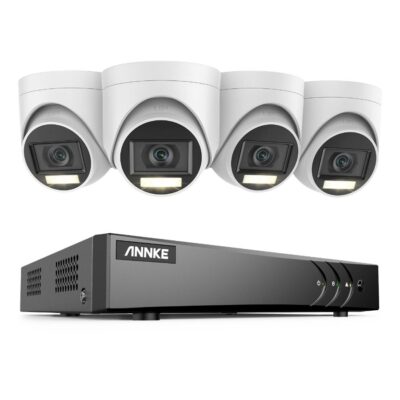 Sistem performant de supraveghere video ANNKE DW81KN+CR1CW*4, DVR 8 canale Hibrid, 4 camere tip Turret interior/exterior 5MP, Ultra HD/2k+, lumina duala IR si alba, vedere nocturna, audio, rezistent la intemperii