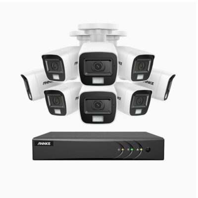 Sistem performant de supraveghere video ANNKE DW81KN+CR1CV*8, DVR 8 canale hibrid, 8 camere tip Bullet interior/exterior, 5MP, Ultra HD/2k+, lumina duala IR si alba, vedere nocturna, audio, rezistent la intemperii - In lucru
