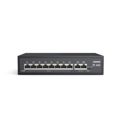 Switch performant ANNKE SW014, PoE, 8 porturi 10/100 Mbps + 2 porturi Uplink, suport VLAN și transmisie 250m, montaj birou/perete