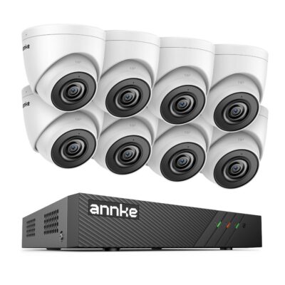Sistem performant de supraveghere video ANNKE N98PBL+I51DS*8, PoE, NVR 8 canale, 8 camere tip Turret interior/exterior 5MP, Ultra HD/2k+, vedere nocturna IR, audio, rezistent la intemperii