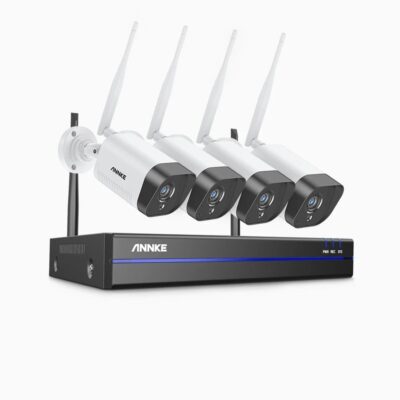 Sistem performant de supraveghere video WiFi ANNKE N48WHR+I71GK*4, NVR 8 canale, 4 camere tip Bullet 3MP, Super HD, vedere nocturna IR, audio, rezistent la intemperii