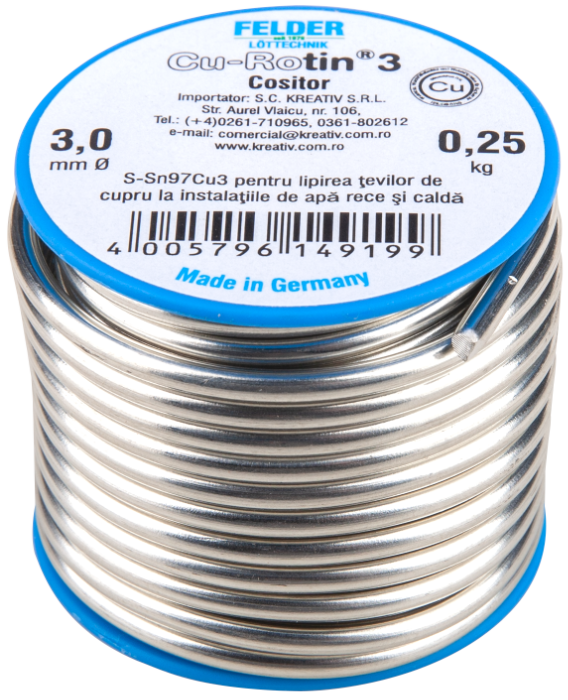 Aliaj pt Lipire Moale Sn97Cu3 Felder 3mm 250g – Consumabile sudura Aliaj pt Lipire Moale Sn97Cu3 Felder 3mm 250g - Consumabile sudura