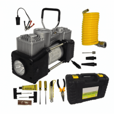 Compresor auto 12V PREMIUM 2 CILINDRII, 7 ACCESORII, LANTERNA SI TRUSA, LIDER