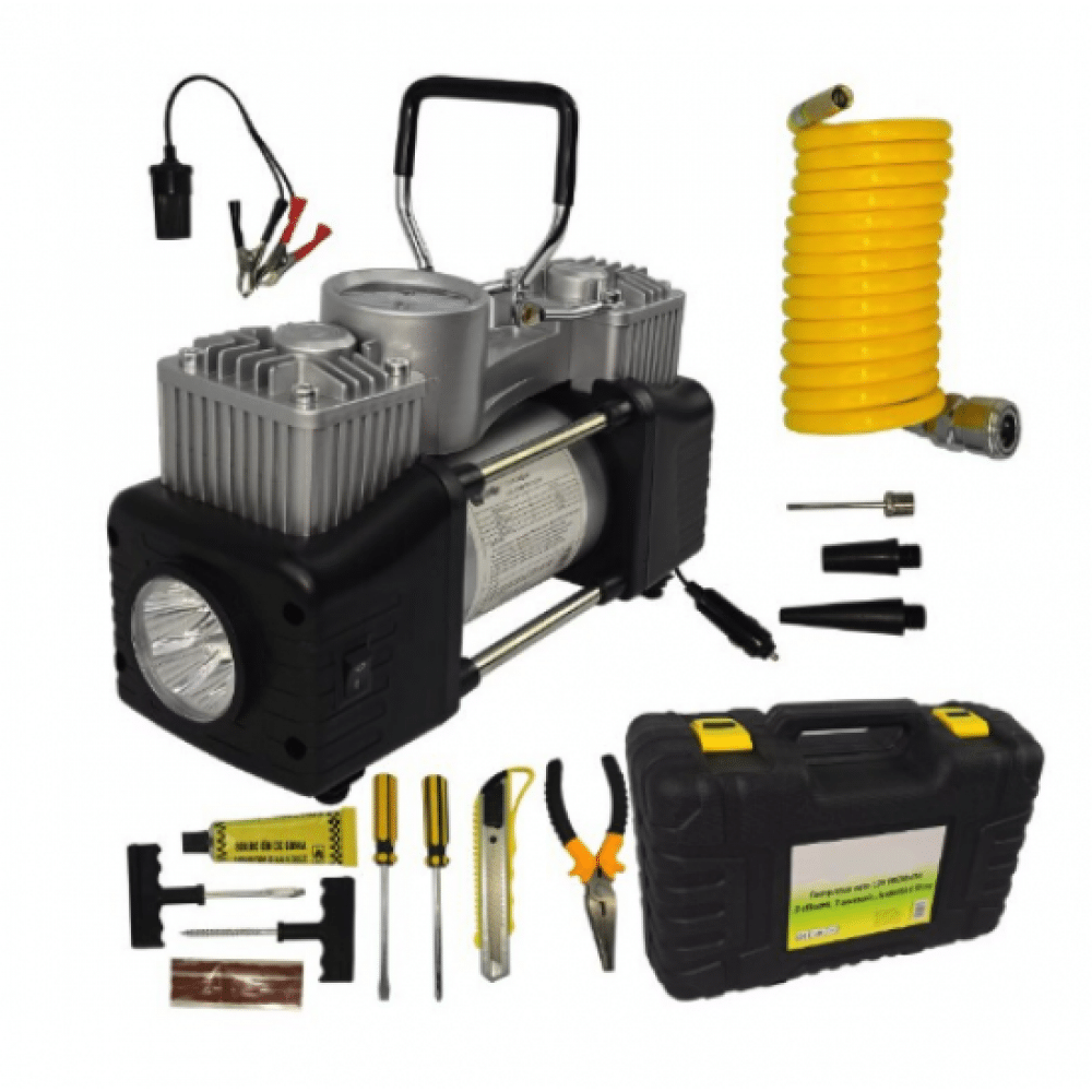 Compresor auto 12V PREMIUM 2 CILINDRII, 7 ACCESORII, LANTERNA SI TRUSA, LIDER – Compresoare Compresor auto 12V PREMIUM 2 CILINDRII, 7 ACCESORII, LANTERNA SI TRUSA, LIDER - Compresoare