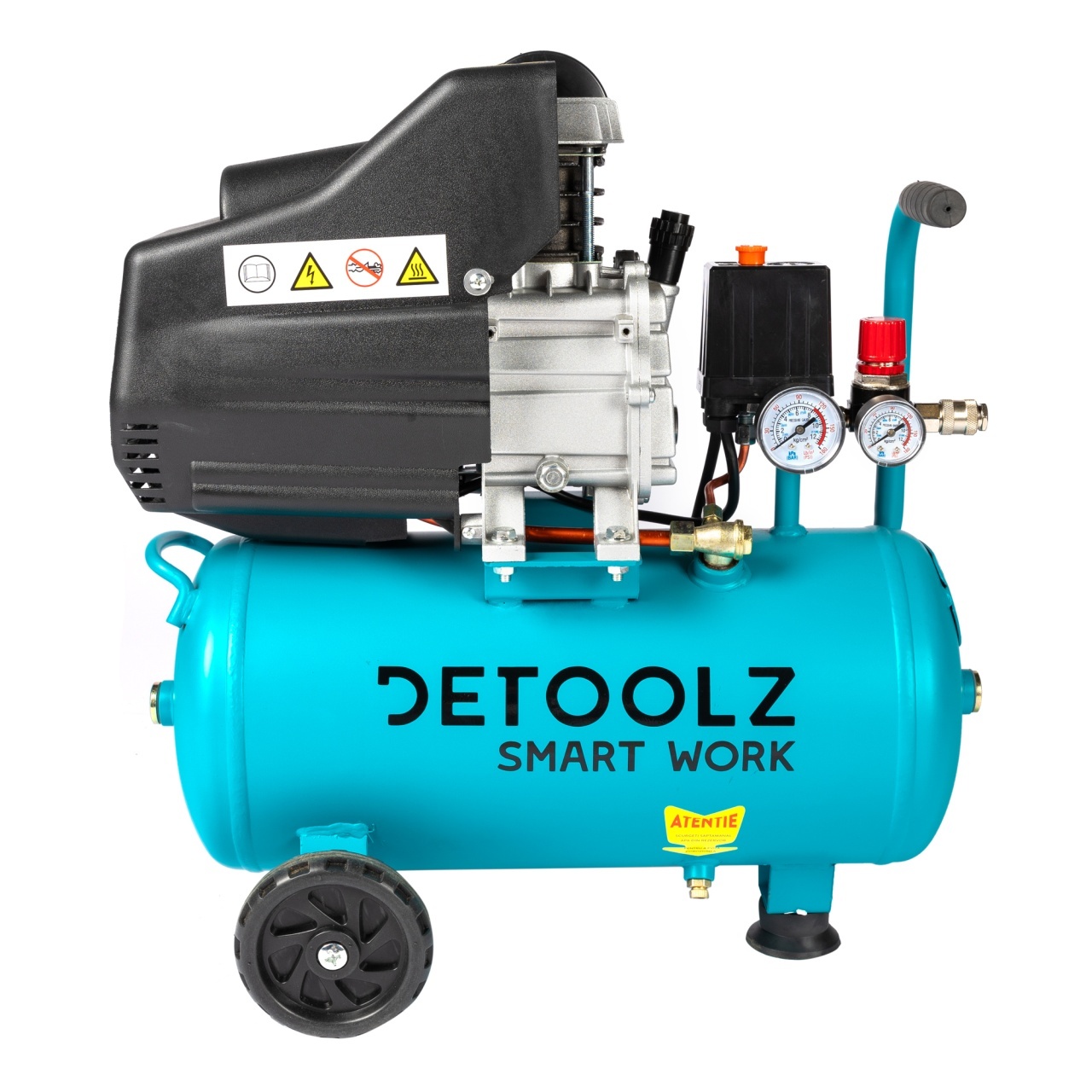Compresor Detoolz 24L cu ulei, 1500 W, debit 160L/min, 8 bar, 2 prize de aer – In lucru Compresor Detoolz 24L cu ulei, 1500 W, debit 160L/min, 8 bar, 2 prize de aer - In lucru