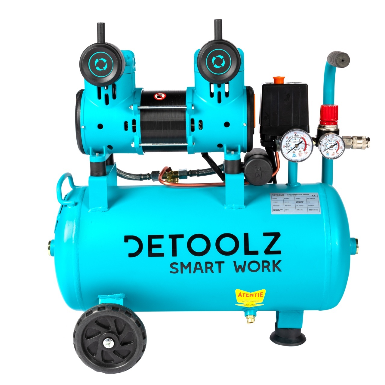 Compresor Detoolz 24L fara ulei, 1500 W, debit 154L/min, 8 bar, 2 prize de aer – In lucru Compresor Detoolz 24L fara ulei, 1500 W, debit 154L/min, 8 bar, 2 prize de aer - In lucru