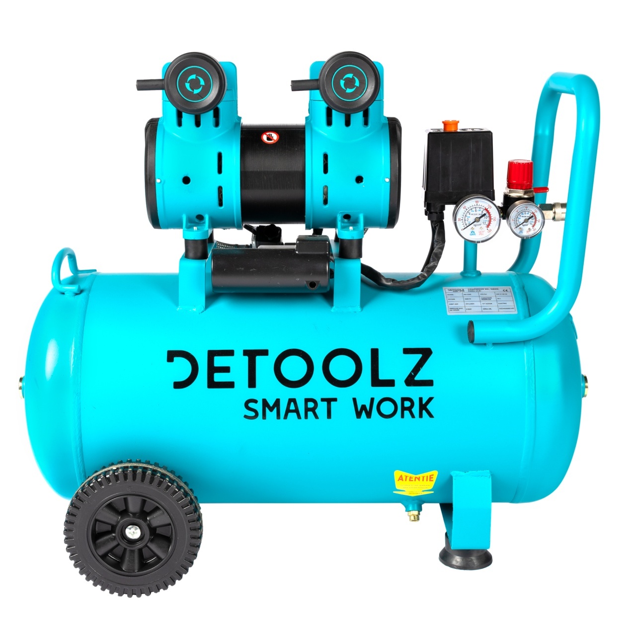 Compresor Detoolz 50L fara ulei, 1680 W, debit 214L/min, 8 bar, 2 prize de aer – In lucru Compresor Detoolz 50L fara ulei, 1680 W, debit 214L/min, 8 bar, 2 prize de aer - In lucru
