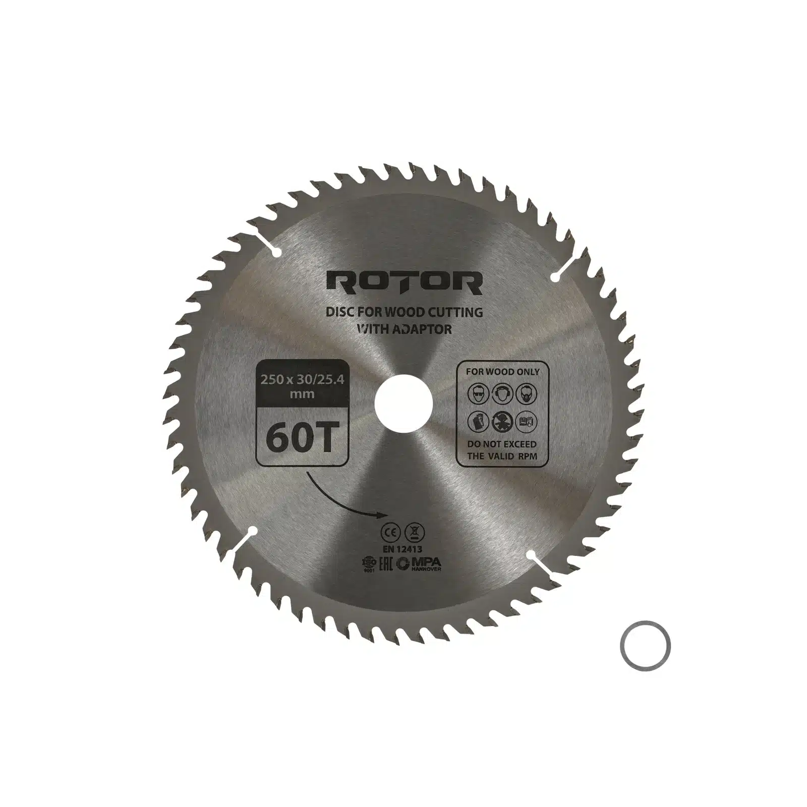 Disc taiat lemn ROTOR 250*30/25,4 cu adaptor 60T – In lucru Disc taiat lemn ROTOR 250*30/25,4 cu adaptor 60T - In lucru