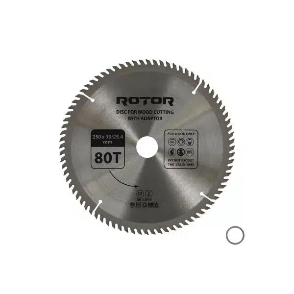 Disc taiat lemn ROTOR 250*30/25,4 cu adaptor 80T – In lucru Disc taiat lemn ROTOR 250*30/25,4 cu adaptor 80T - In lucru