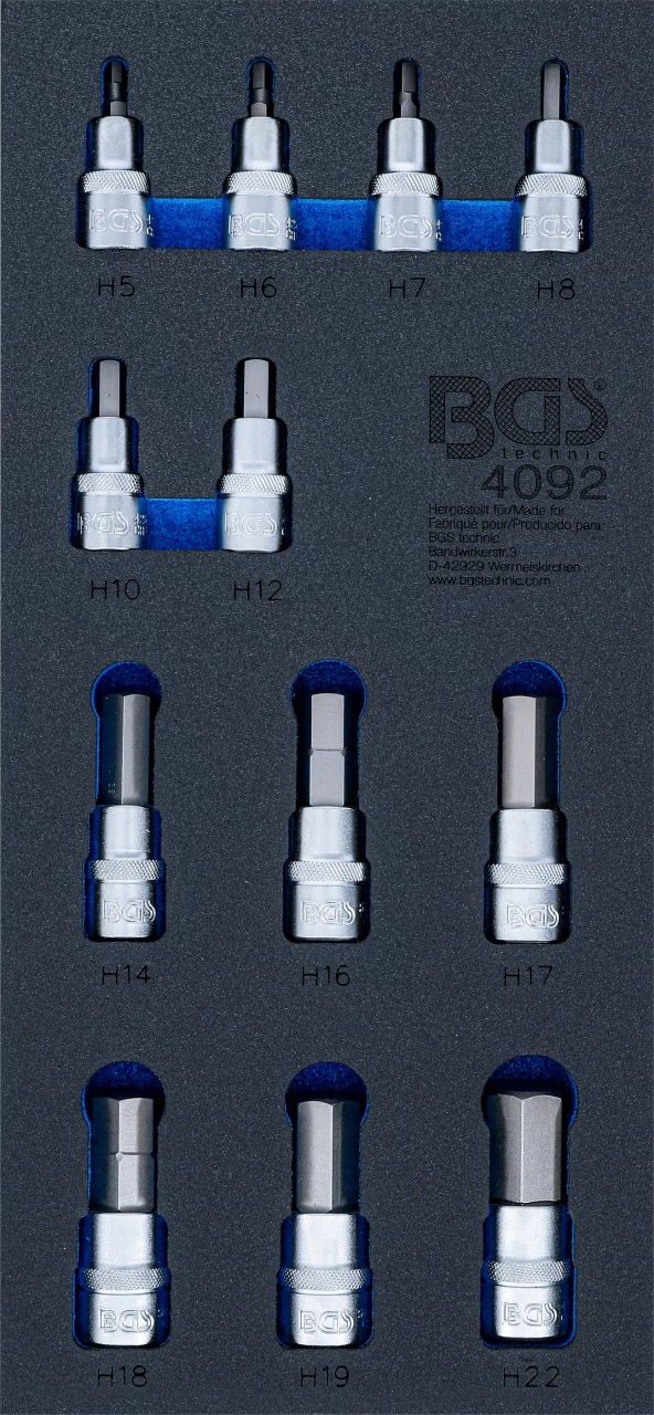 Echipare pentru dulap 1/3, Set biti hexagonali pe tubulara purtatoare act. 1/2″, HEX 5-HEX 22, 12 piese, BGS 4092 – Truse Scule Echipare pentru dulap 1/3, Set biti hexagonali pe tubulara purtatoare act. 1/2", HEX 5-HEX 22, 12 piese, BGS 4092 - Truse Scule