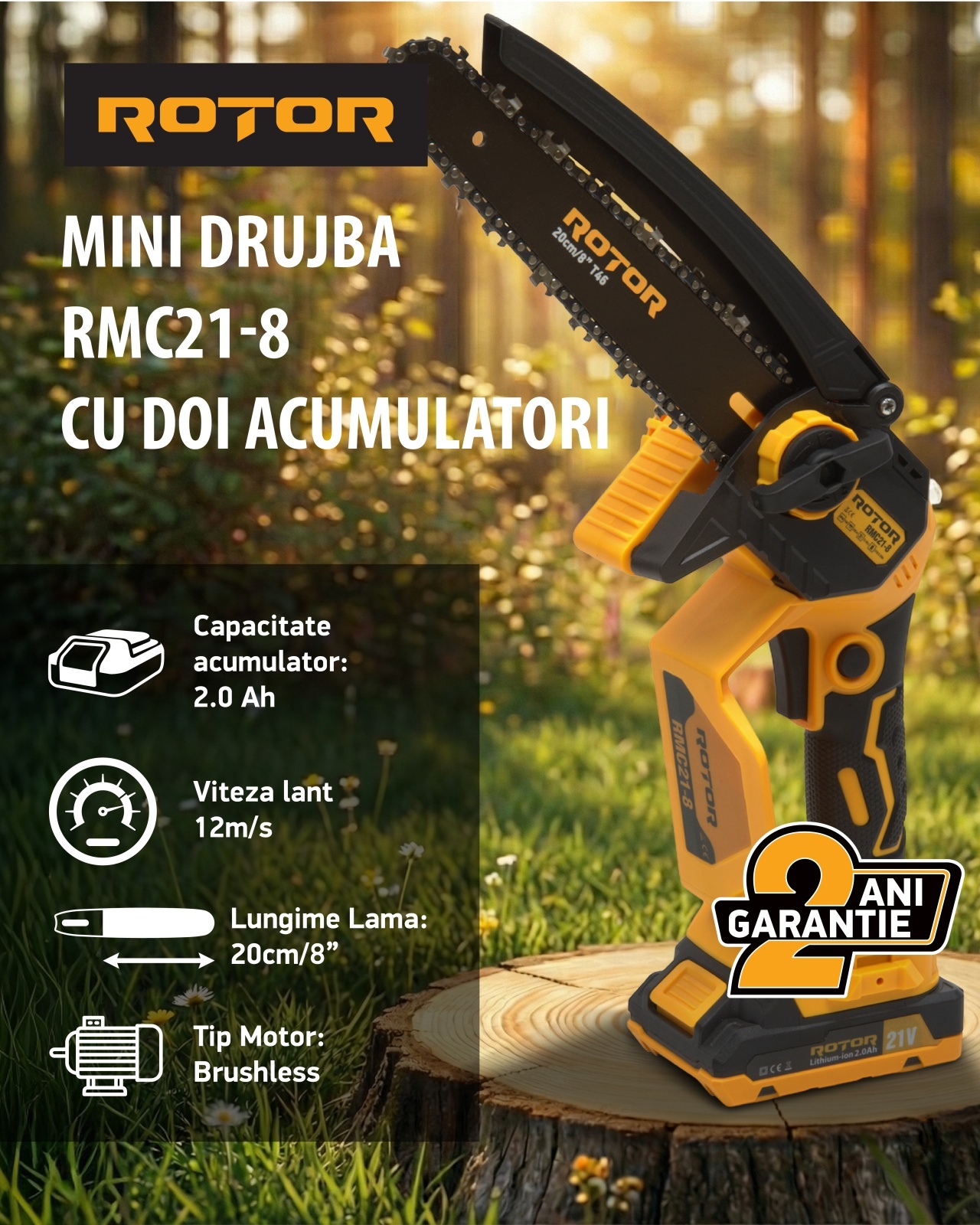 Fierastrau cu lant si acumulator ROTOR RMC21-8, 21V / 2Ah, Brushless , Ungere lanț , – In lucru Fierastrau cu lant si acumulator ROTOR RMC21-8, 21V / 2Ah, Brushless , Ungere lanț , - In lucru