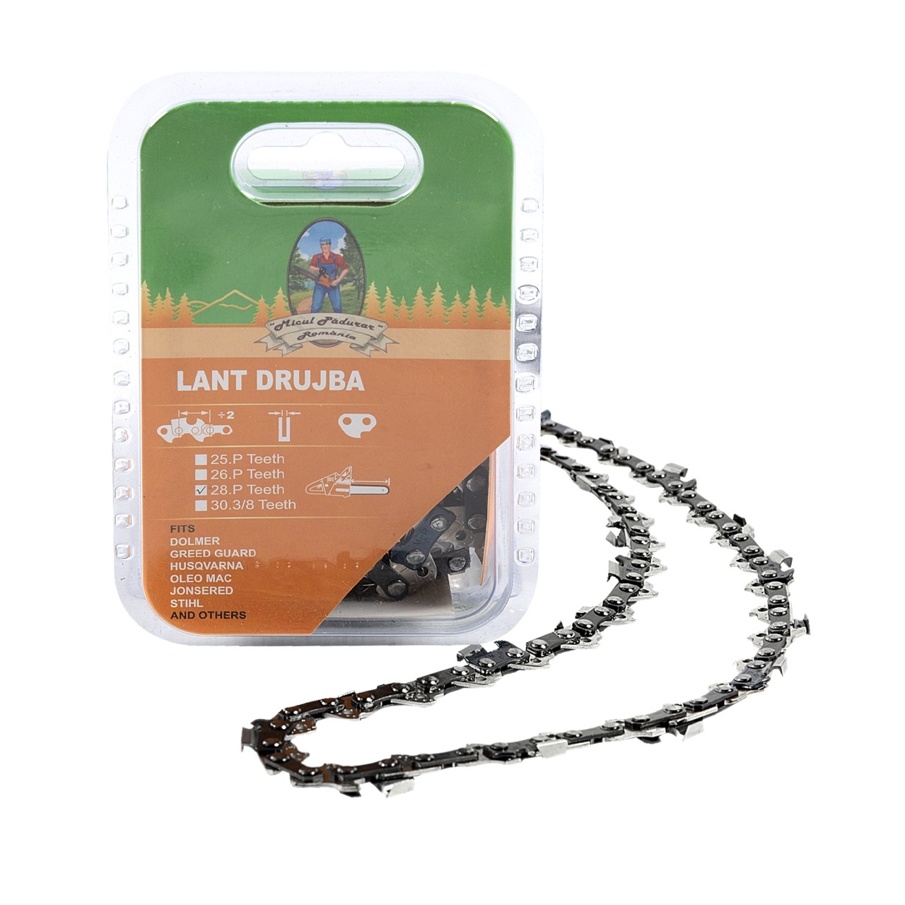 Lant drujba Micul Padurar, lungime 13”, pas 3/8”, grosime 1.3mm, 56 pinteni, 28 dinti, full chisel – In lucru Lant drujba Micul Padurar, lungime 13'', pas 3/8'', grosime 1.3mm, 56 pinteni, 28 dinti, full chisel - In lucru