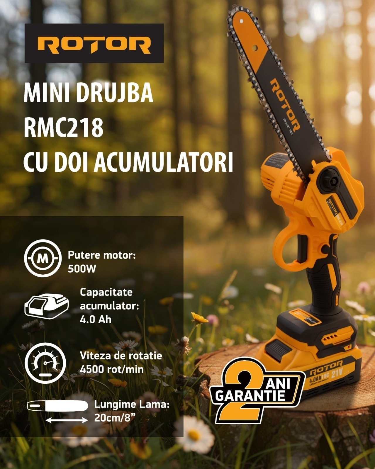 Mini drujba cu acumulator ROTOR RMC218, 2 acumulatori 21 V 4.0 Ah – In lucru Mini drujba cu acumulator ROTOR RMC218, 2 acumulatori 21 V 4.0 Ah - In lucru