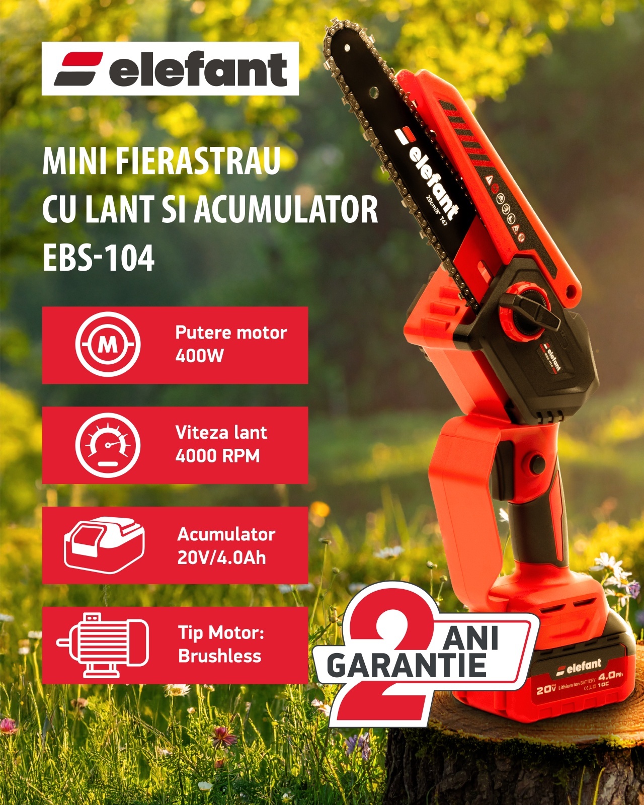 Mini fierăstrău cu lanț și acumulator ELEFANT EBS-104, 20V / 4Ah, Brushless – In lucru Mini fierăstrău cu lanț și acumulator ELEFANT EBS-104, 20V / 4Ah, Brushless - In lucru