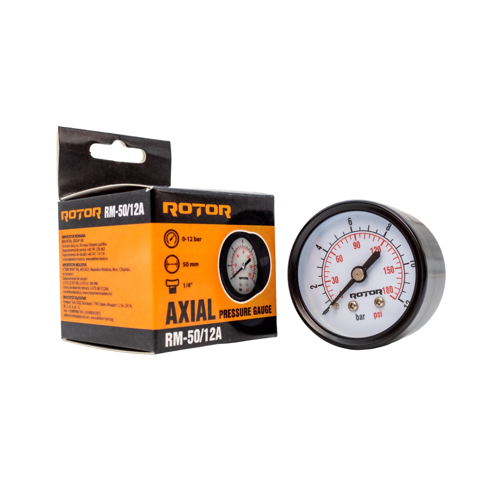 RM-50/12A, Manometru axial apa 0-12 bar, 50 mm, conexiune 1/4″, ROTOR – In lucru RM-50/12A, Manometru axial apa 0-12 bar, 50 mm, conexiune 1/4", ROTOR - In lucru