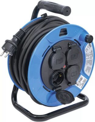 Rola prelungitor cablu electric 25 m, sectiune 3 x1, 5 mm², 4 prize cu capac inchidere, IP 44, 3500 W, BGS 3375