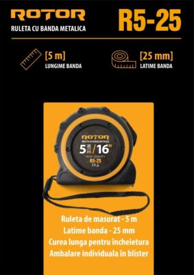 Ruletă 5m x 25mm ROTOR R5-25, Curea de mână, Auto-blocare