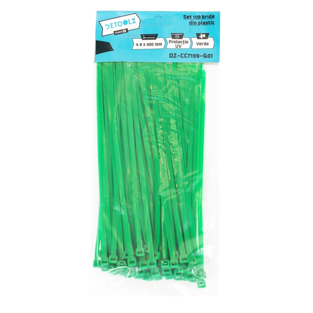 Set 100 bride plastic Detoolz 4.8x200mm , protectie UV, VERDE – In lucru Set 100 bride plastic Detoolz 4.8x200mm , protectie UV, VERDE - In lucru