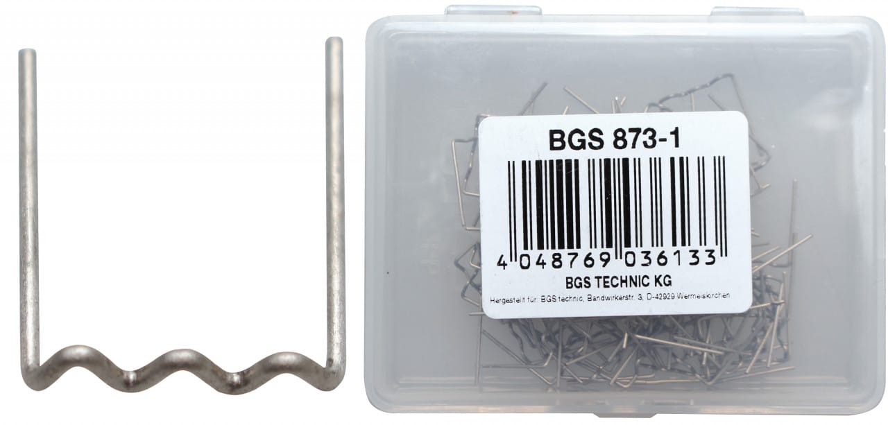 Set agrafe pentru reparatii piese din plastic Tip-U, grosime fir Ø 0.6 mm, 100 piese, BGS 873-1 – Tinichigerie / Vopsitorie Set agrafe pentru reparatii piese din plastic Tip-U, grosime fir Ø 0.6 mm, 100 piese, BGS 873-1 - Tinichigerie / Vopsitorie