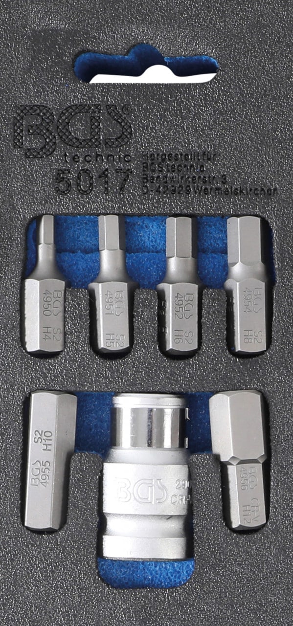 Set biti Imbus 45028 mm, antrenare hexagon 10 mm (3/8″), adaptor 12.5 mm (1/2″), 7 piese, BGS 5017 – Chei Tubulare cu Biti Set biti Imbus 45028 mm, antrenare hexagon 10 mm (3/8"), adaptor 12.5 mm (1/2"), 7 piese, BGS 5017 - Chei Tubulare cu Biti