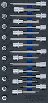 Set biţi profil Torx T20-T70 cu tubulara 1/2" in suport organizator 44929 pentru dulap de scule | 26 piese, BGS 4119