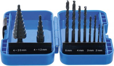 Set burghie in trepte şi burghie HSS, Ø 4 - 12 / 4 - 20 mm, 2 - 5 mm, 10 piese, BGS 1686