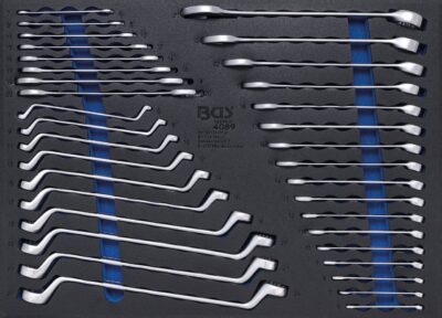 Set chei combinate 6 - 27 mm 17 piese, chei fixe 6 x 7 - 20 x 22 8 piese, inelare cu cot 6 x 7 - 20 x 22 mm 10 piese, BGS 4089