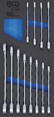 Set chei combinate cu clichet 8 - 19 mm in suport organizator 44929 pentru dulap de scule mobil, 12 piese, BGS 4196