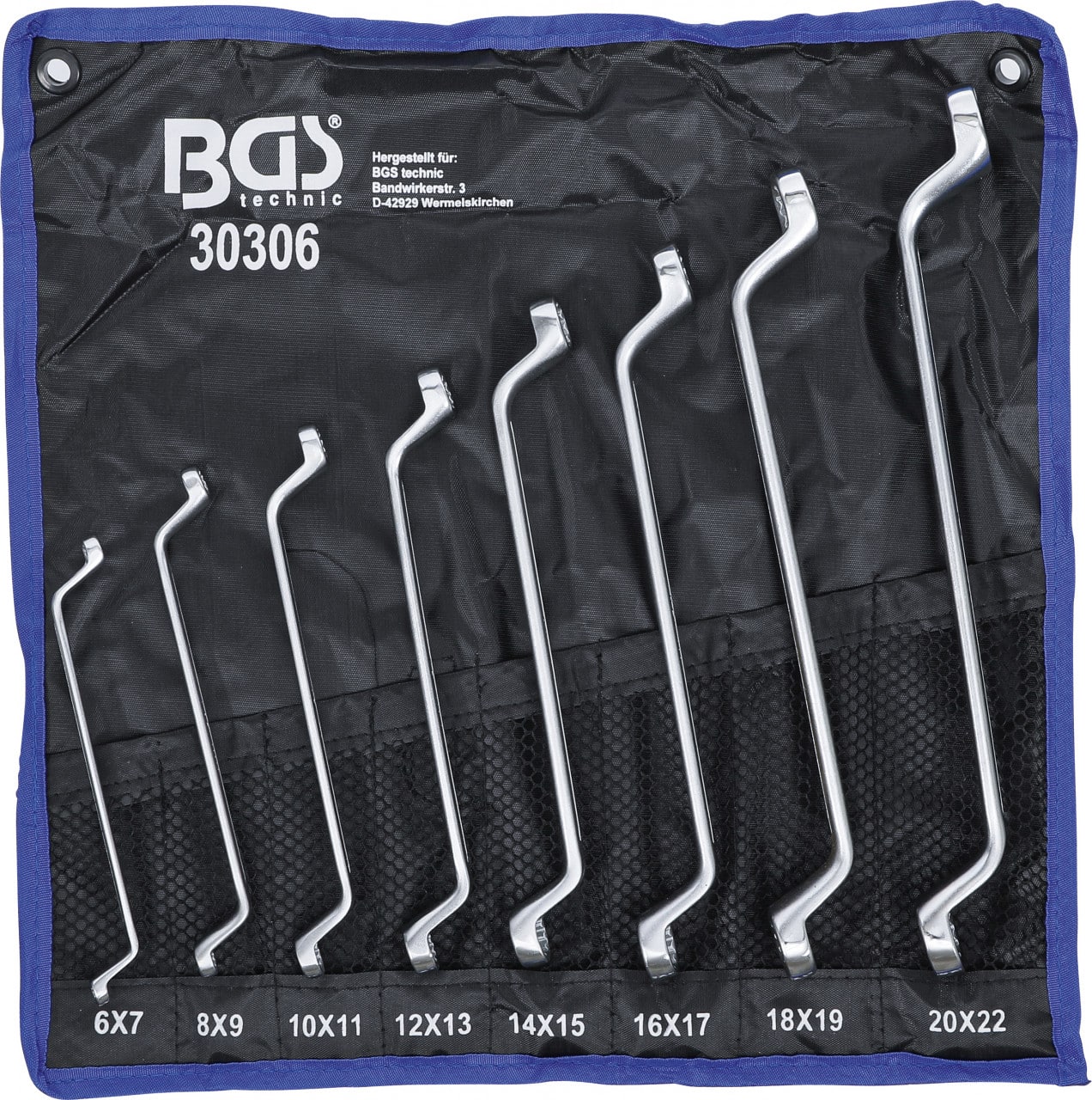 Set chei inelare cu cot 6 x 7 – 20 x 22 mm, 8 piese, BGS 30306 – Chei combinate/fixe si inelare Set chei inelare cu cot 6 x 7 - 20 x 22 mm, 8 piese, BGS 30306 - Chei combinate/fixe si inelare