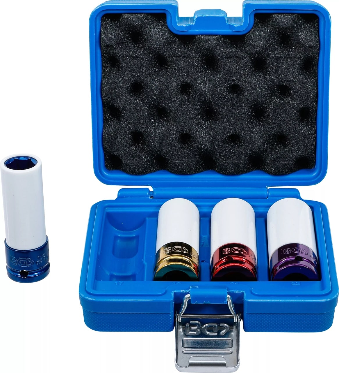 Set chei tubulare de impact cu protecţie pentru roti din aliaj, antrenare 12, 5 mm (1/2″), 17 / 19 / 21 / 22 mm, 4 piese, BGS 9847 – Scule service roti Set chei tubulare de impact cu protecţie pentru roti din aliaj, antrenare 12, 5 mm (1/2"), 17 / 19 / 21 / 22 mm, 4 piese, BGS 9847 - Scule service roti