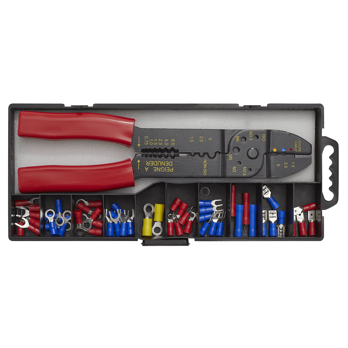 Set cleste de sertizat, 230mm, cu conectori, 50 piese – Clesti speciali si cabluri pornire Set cleste de sertizat, 230mm, cu conectori, 50 piese - Clesti speciali si cabluri pornire