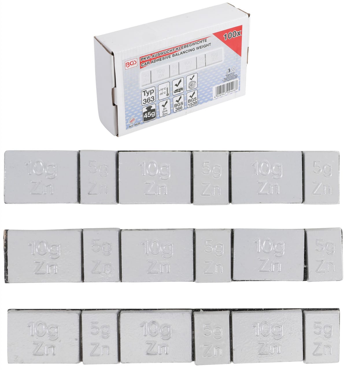 Set contragreutati pentru roti din Aluminiu | type 363 | 100 x 45gr. | 100 piese, BGS 9426 – SimpleTools Set contragreutati pentru roti din Aluminiu | type 363 | 100 x 45gr. | 100 piese, BGS 9426 - SimpleTools