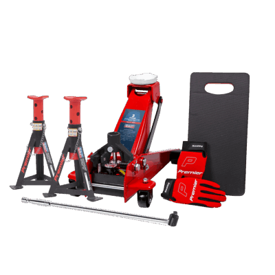 Set cric, 5 piese: cric crocodil 3 t, bara de forta, manusi mecanic L, set dispozitive de sustinere 3 tone, 2 buc, covor mecanic