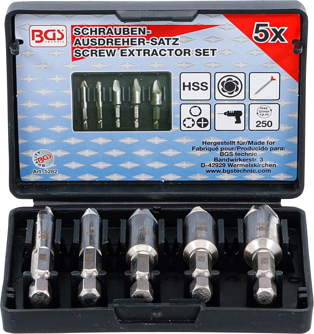 Set extractoare pentru suruburi cu cap in Cruce, Torx sau profil Hexagon, 5 piese, BGS 5282 – Recuperatoare/Extractoare si Prese Set extractoare pentru suruburi cu cap in Cruce, Torx sau profil Hexagon, 5 piese, BGS 5282 - Recuperatoare/Extractoare si Prese