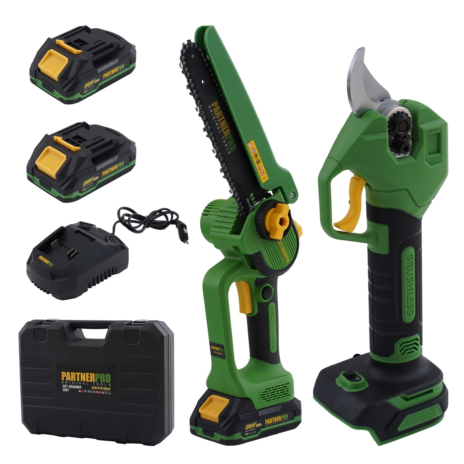 Set foarfecă de grădină și fierăstrău cu lanț pe acumulator PARTNERPRO PP-FF 5 IN 1, 2 acumulatori 20 V/2Ah Brushless – In lucru Set foarfecă de grădină și fierăstrău cu lanț pe acumulator PARTNERPRO PP-FF 5 IN 1, 2 acumulatori 20 V/2Ah Brushless - In lucru