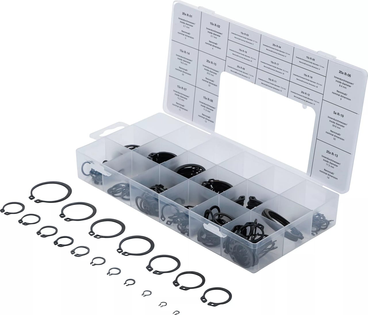 Set inele de siguranţa de exterior, Ø 3 – 32 mm, 300 piese, BGS 8046 – Consumabile etansare si fixare Set inele de siguranţa de exterior, Ø 3 - 32 mm, 300 piese, BGS 8046 - Consumabile etansare si fixare