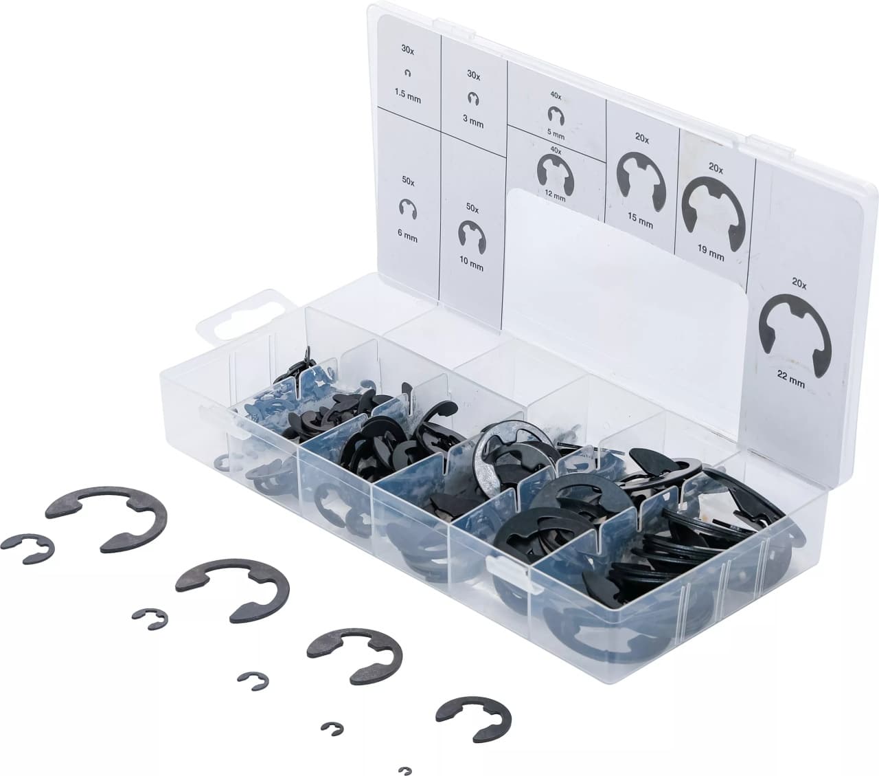Set inele de siguranţa Tip E, dimensiuni 1,5 – 22 mm, 300 piese, BGS 8039 – Consumabile etansare si fixare Set inele de siguranţa Tip E, dimensiuni 1,5 - 22 mm, 300 piese, BGS 8039 - Consumabile etansare si fixare