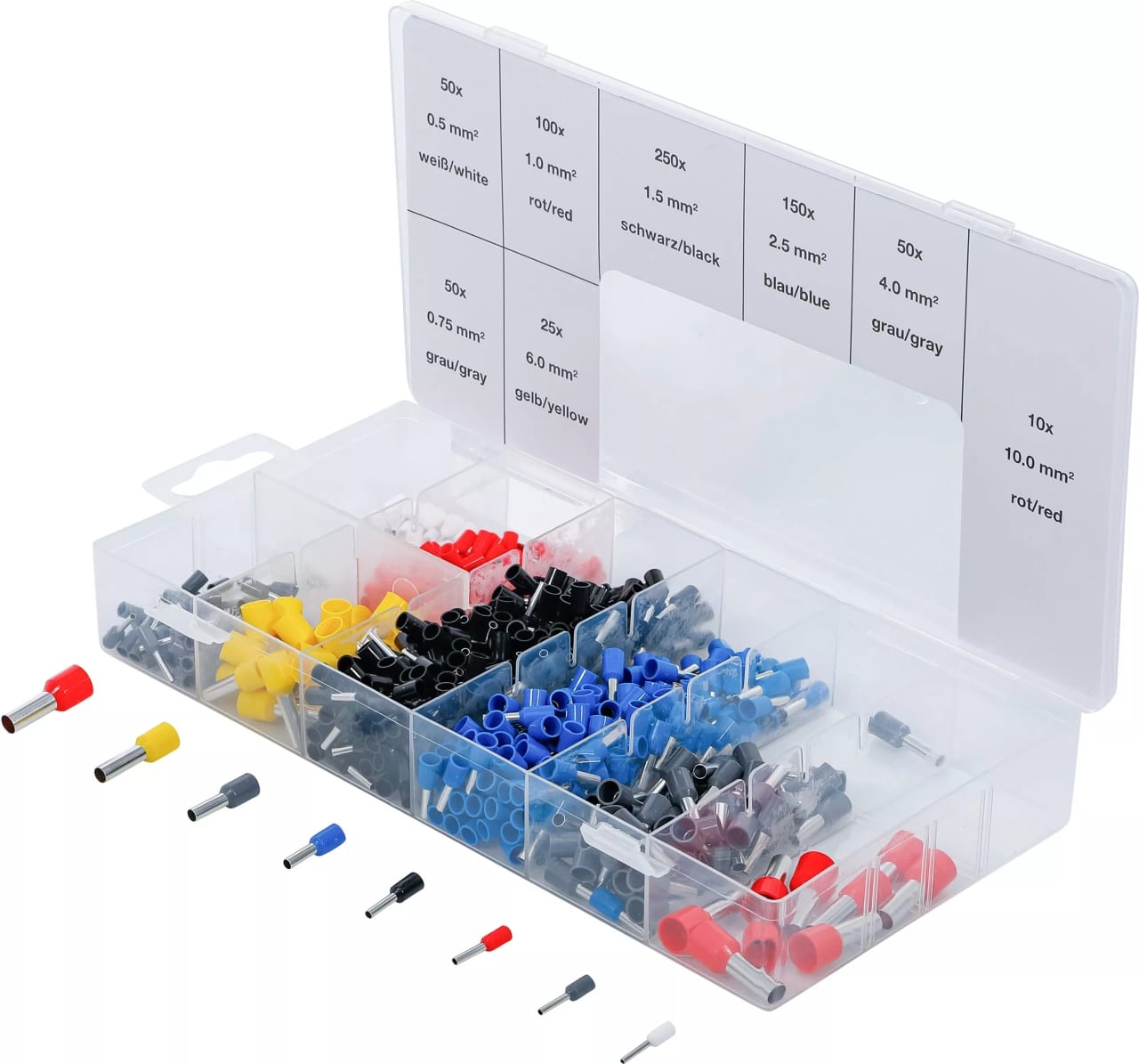 Set pini terminali pentru cabluri electrice, 50×0.5mm, -0.75, 50x100x1.0mm, 250×1.5mm-2.5mm, 150x50x41.0mm, 25×6.0mm, 10×10.0mm, BGS 14120 – Papuci electrici si conectori Set pini terminali pentru cabluri electrice, 50x0.5mm, -0.75, 50x100x1.0mm, 250x1.5mm-2.5mm, 150x50x41.0mm, 25x6.0mm, 10x10.0mm, BGS 14120 - Papuci electrici si conectori