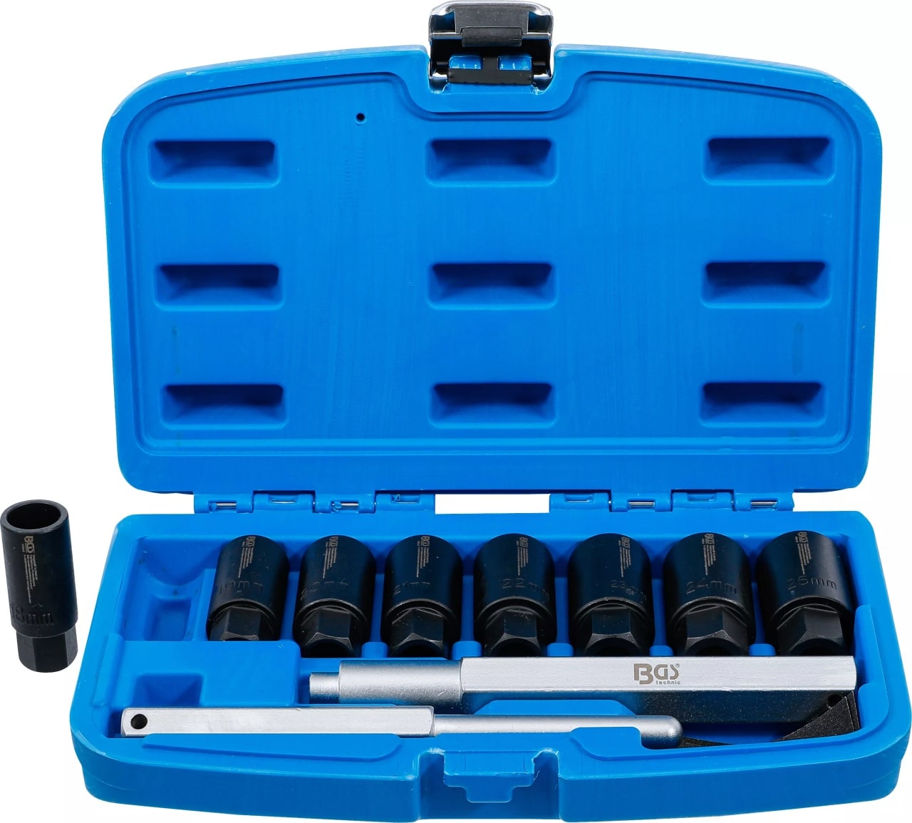 Set tubulare de impact conice pentru prezoane deterioarate si prezoane antifurt: 17, 18, 19, 20, 21, 22, 23, 24mm, BGS 8656 – Scule service roti Set tubulare de impact conice pentru prezoane deterioarate si prezoane antifurt: 17, 18, 19, 20, 21, 22, 23, 24mm, BGS 8656 - Scule service roti
