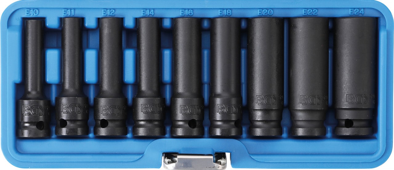 Set tubulare de impact Profil E, E10 – E24, antrenare 1/2″, 9 piese, BGS 5204 – Truse Scule Set tubulare de impact Profil E, E10 - E24, antrenare 1/2", 9 piese, BGS 5204 - Truse Scule