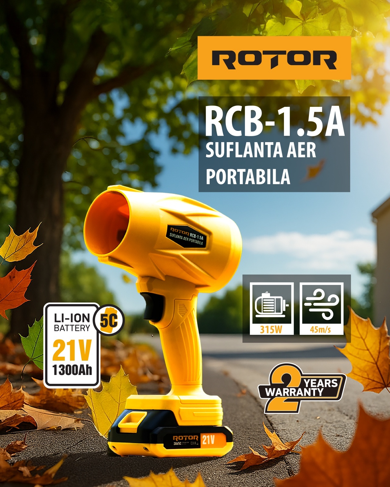 Suflantă aer pe acumulator ROTOR RCB-1.5A 45m/s, 21V/1,3Ah – In lucru Suflantă aer pe acumulator ROTOR RCB-1.5A 45m/s, 21V/1,3Ah - In lucru