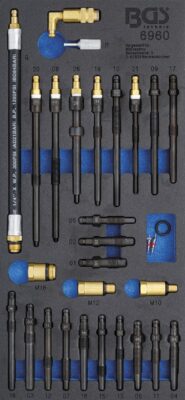 Suport organizator pentru carucior 1/3: Set de adaptoare pentru tester compresie si pierdere presiune, 30 piese, BGS 6960