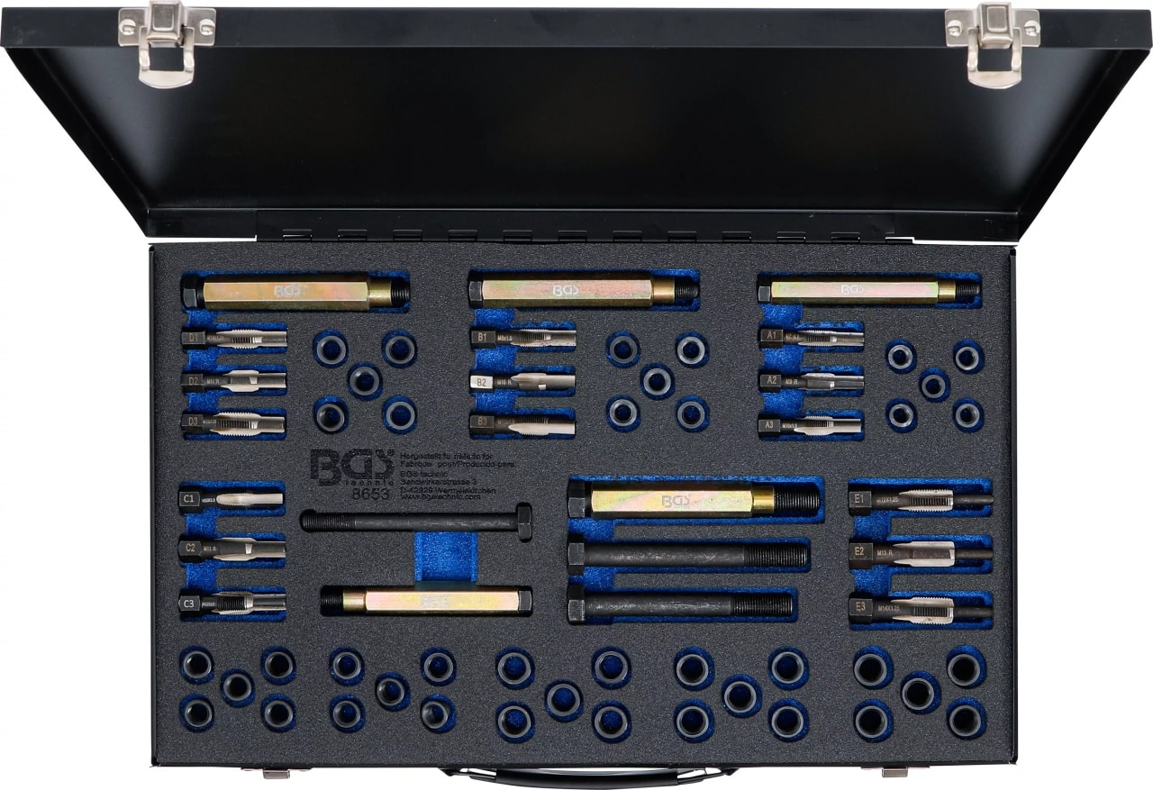 Trusa reparatii filete pentru bujii incandescente, M8-M9-M10-M12, BGS 8653 – Reparatie filete Trusa reparatii filete pentru bujii incandescente, M8-M9-M10-M12, BGS 8653 - Reparatie filete