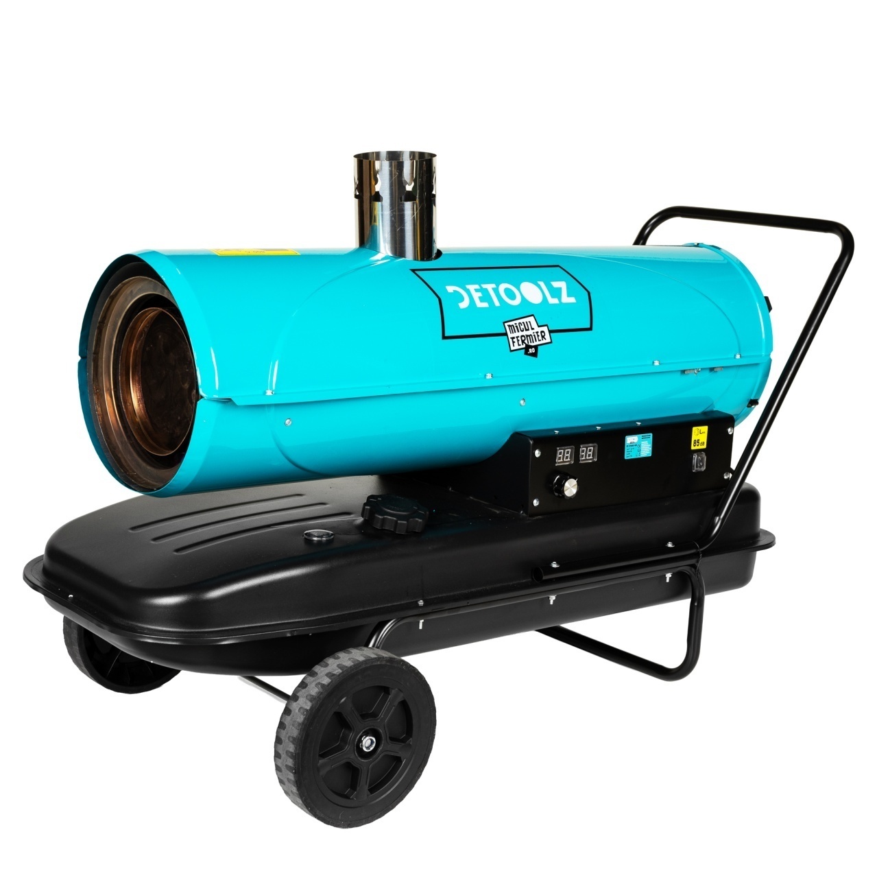 Tun de caldura Detoolz 30 kW, cos evacuare, combustibil motorina, capacitate rezervor 55L, cu roti – In lucru Tun de caldura Detoolz 30 kW, cos evacuare, combustibil motorina, capacitate rezervor 55L, cu roti - In lucru