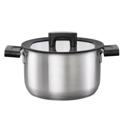Oala cu capac, din otel inoxidabil, fara acoperire antiaderenta, Fiskars Hard Face, 3.5 l, 20 cm