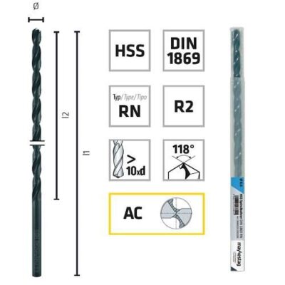 Burghiu pentru metal, ALPEN HSS Extralung, DIN1869 R2 RN, 10.0X340/235