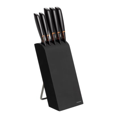 Set 5 cutite + suport Fiskars Edge, otel inoxidabil, negru