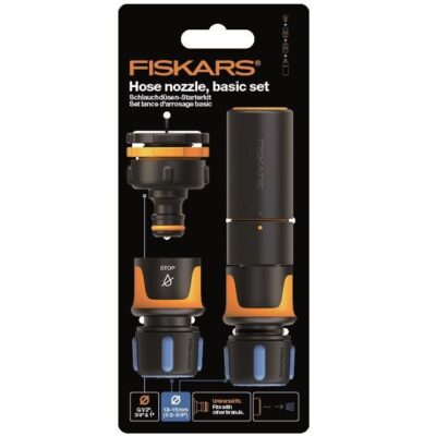 Set accesorii de baza pentru furtun de gradina Fiskars, duza pentru stropit, conector pentru robinet G1/2'', conector pentru furtun 13-15 mm (1/2''-5/8''), conector cu AquaSTOP pentru furtun 13-15 mm (1/2''-5/8'')