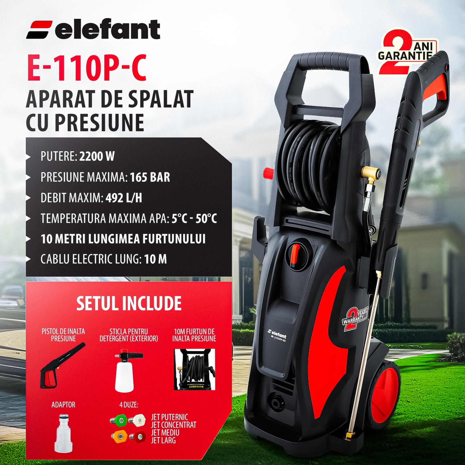 Aparat de spalat cu presiune ELEFANT E-110P-C, 2200W, 500l//h, 165 bar, lungime furtun 10 m – SimpleTools Aparat de spalat cu presiune ELEFANT E-110P-C, 2200W, 500l//h, 165 bar, lungime furtun 10 m - SimpleTools