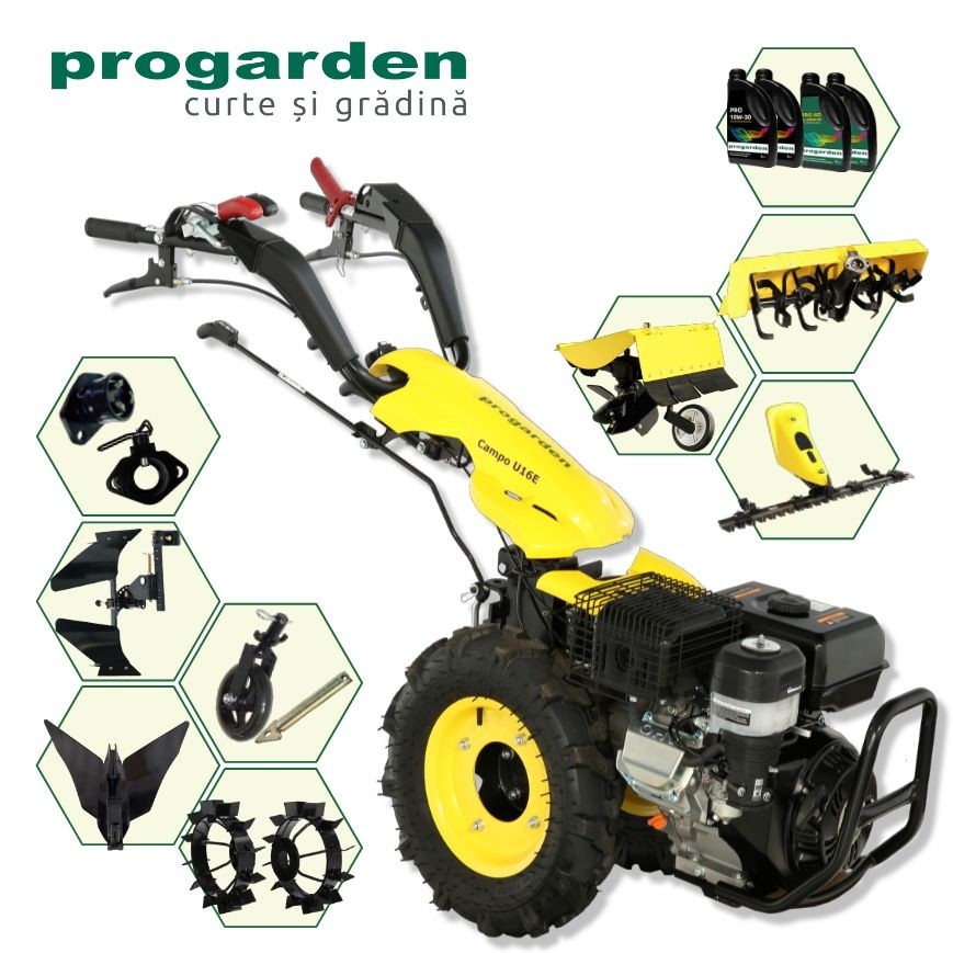 pachet-campo-u16e-motocultor-progarden-14cp Pachet Campo U16E Motocultor 14CP + BC120M Bara cosire + 3xPlug + FT90 Freza tractata + 2xRoti metalice RM47 + 2xCuple + 4L Ulei - imagine 1